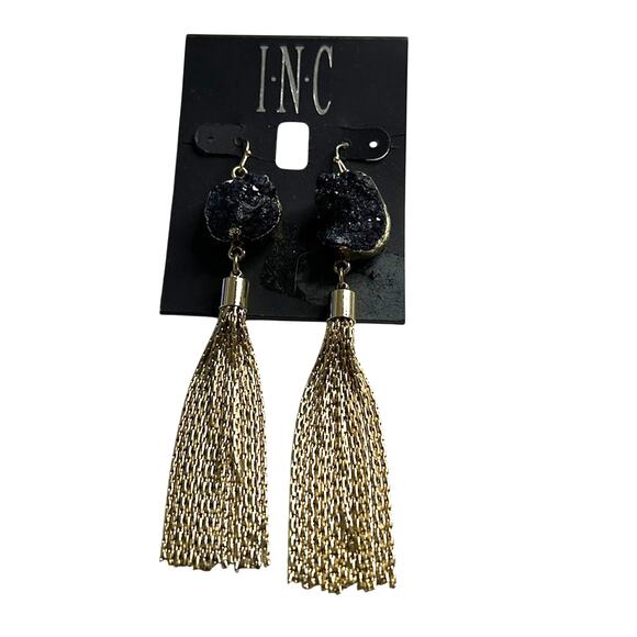 INC International Concepts Gold Dangle Earrings w/ Black Stone, NWT - Picture 1 of 4